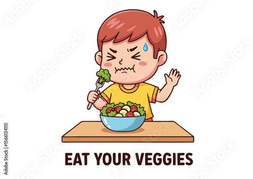Cartoon Boy Disgusted Eating Broccoli Salad Expressing Dislike Healthy Eating.