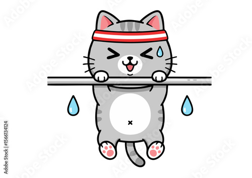 Cartoon Gray Cat Hanging on Bar with Red Headband and Sweat Drops.