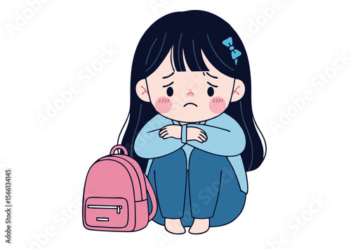 Cartoon Girl with Black Hair Blue Bow and Pink Backpack Looking Sad.