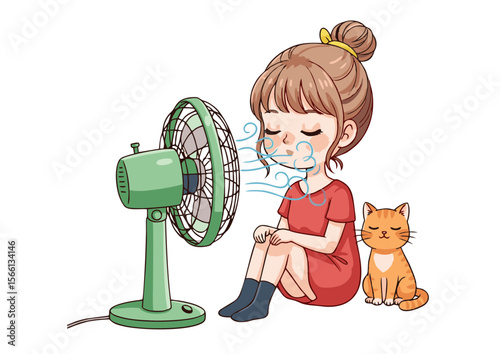 Girl Cooling Off with Green Desk Fan Relaxed Pose Red Dress.