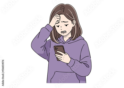Worried Woman in Purple Hoodie Looking at Smartphone with Concern.