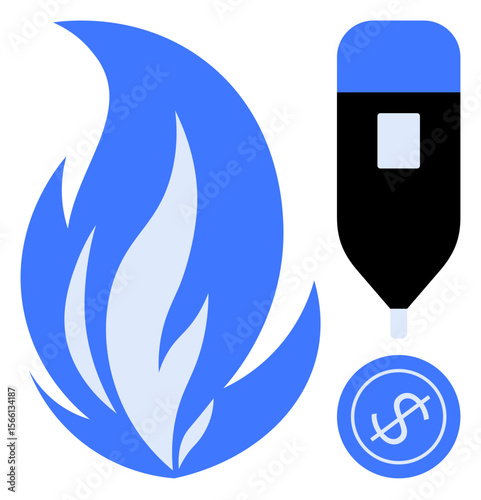 Blue flame, gas valve, dollar coin representing energy cost, pricing, resources, and economic reliance. Ideal for energy, finance, industry economy sustainability utility and climate topics