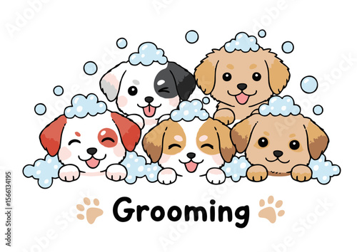 Cartoon Puppies with Soap Bubbles Grooming Illustration Cute Dogs.