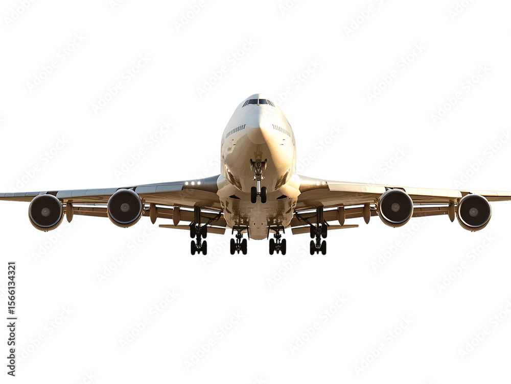 Fototapeta premium Front view of a large white passenger airplane with landing gear down isolated on transparent background