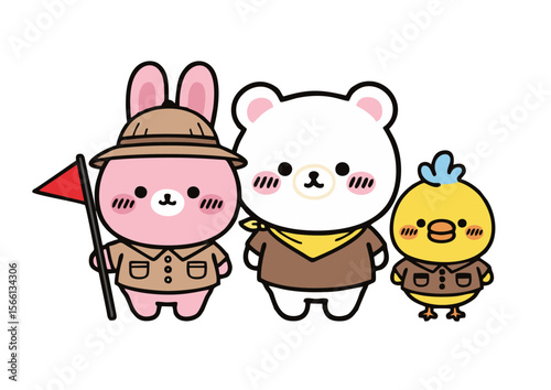 Cartoon Animals: Pink Rabbit White Bear and Yellow Chick in Explorer Outfits.