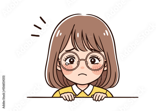 Sad Anime Girl with Glasses Tears and Yellow Shirt.