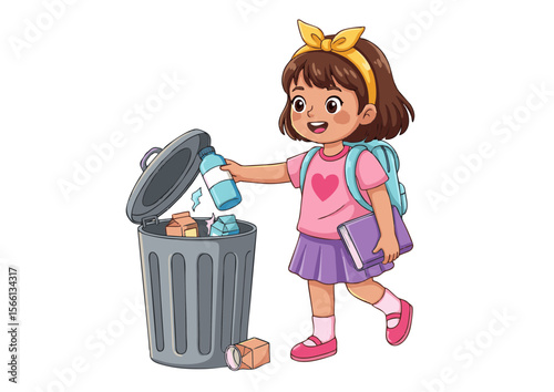 Cartoon Girl Tossing Blue Bottle into Gray Trash Can with School Backpack.
