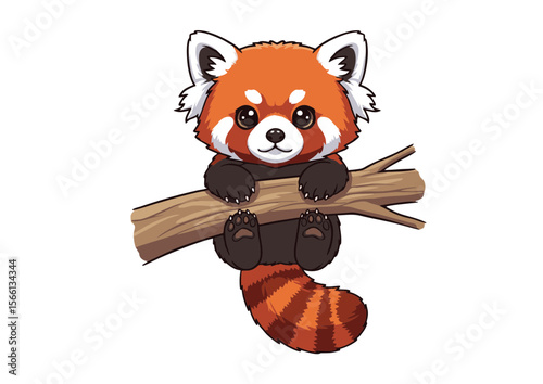 Cute Red Panda Cartoon Hanging on a Branch with Striped Tail.
