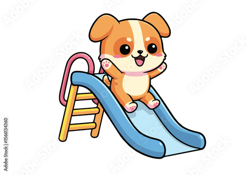 Cartoon Puppy Joyfully Sliding Down a Blue and Yellow Playground Slide.