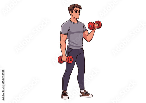 Cartoon Man Lifting Dumbbells Exercising Wearing Casual Clothes Isolated.