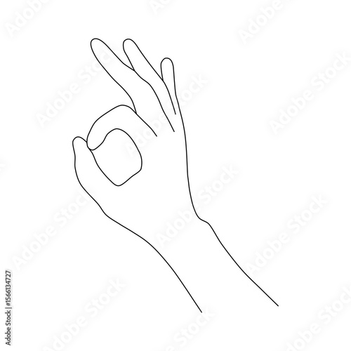 OK Hand Gesture Line Art. A minimalist, clean line art illustration of a hand making the "OK" gesture. The thumb and index finger form a circle, while the other fingers are extended.