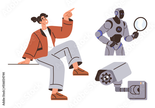 Woman gestures confidently, AI robot observes with magnifier, and surveillance camera records activities. Ideal for technology, AI, innovation, automation, privacy, security and human-technology