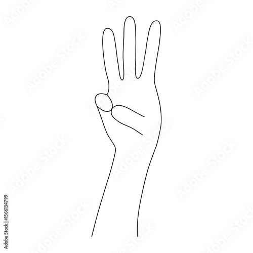 Hand Showing Three Fingers Line Art. A clean and minimalist line art illustration of a hand showing the number three, with the index, middle, and ring fingers extended.