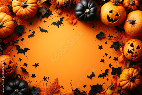 Spooky Autumn Confetti and Pumpkins Flat Lay Scene