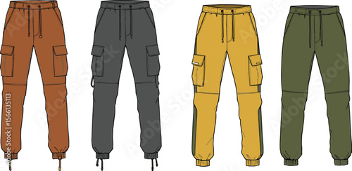 Men's cargo jogger pants front view fashion illustration, streetwear design, multiple color variations, casual trousers, drawstring waist styling flat vector illustration