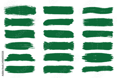 Asian ink brush strokes, green hand drawn stripes, rough grunge paint texture, Chinese Japanese Korean calligraphy brushstrokes set, straight line vector illustration, smears, sketch lines. eps 10