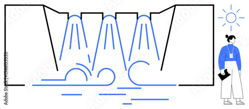 Hydroelectric dam releasing water, observed by a professional holding documents. Ideal for energy, engineering, sustainability, innovation, analysis, water resource management, environmental