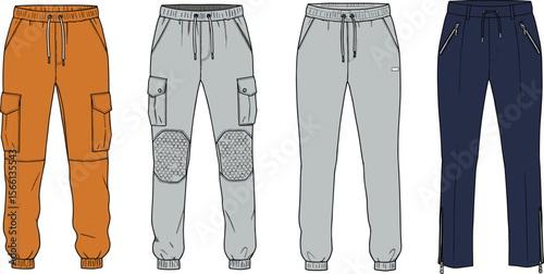  Men's jogger pants flat sketch, technical fashion illustration, cargo style, knee patch detail, zipper pockets, activewear, sportswear vector design flat vector illustration