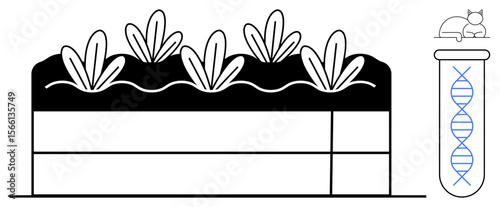 Plants growing in soil layers with DNA helix in test tube and a small cat outline. Ideal for farming, biotechnology, ecology, sustainability, innovation, genetics, research themes. Simple flat