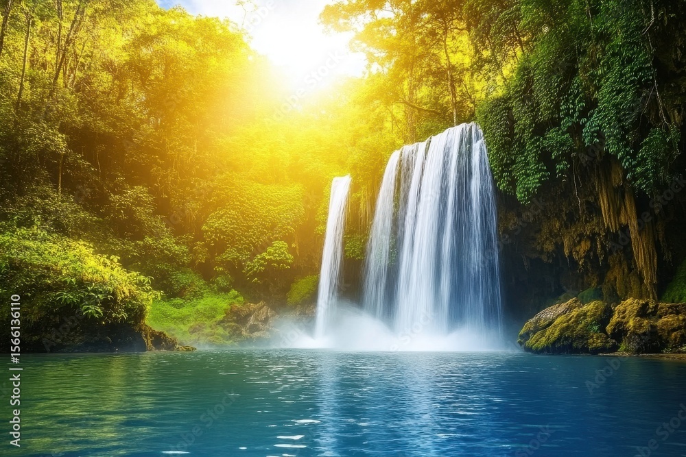 Fototapeta premium Breathtaking waterfall cascades into a serene pond under bright sunshine, Sunshine and beautiful waterfall flows to wild pond in rain forest of Thailand