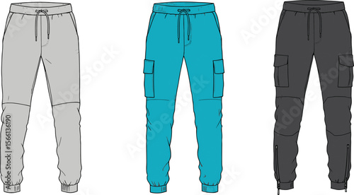 Men's jogger pants front view, technical fashion illustration, cargo style design with drawstring, side pockets, zipper cuff, flat vector flat vector illustration