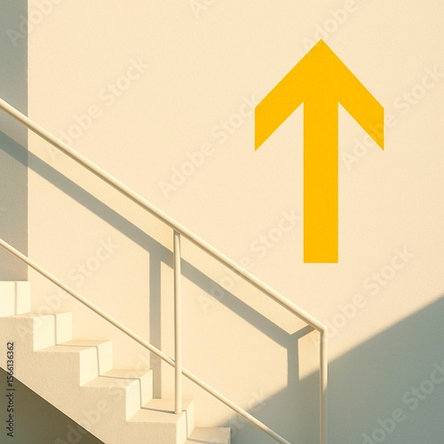 photo of a white staircase wall with a bold yellow graphic arrow pointing upward; clean railing lines echoing the diagonal shape of the shadow