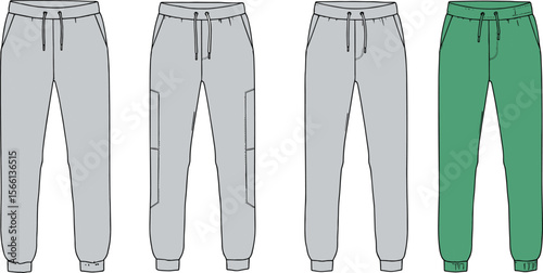 Men's jogger pants technical flat sketch, elastic waist, drawstring detail, fashion vector, casual wear, sportswear, slim fit design flat vector illustration