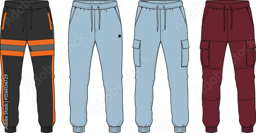 Modern jogger pants flat sketch for men, featuring cargo pockets, colorblock style, drawstring waist, trendy sportswear fashion illustration flat vector illustration