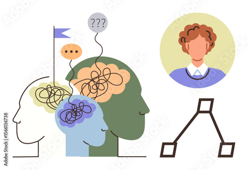 Abstract human heads with tangled lines, question marks, and flowchart symbolize problem-solving, emotional introspection, cognitive processes, personal development, and organizational thinking