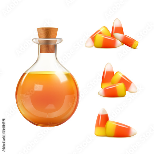 3d halloween witchcraft. Orange potion bottle and sweet candy corns isolated on white bg. Realistic render png set, cute trick or treat choice illustration. Gummy sugar or magic liquid bottle