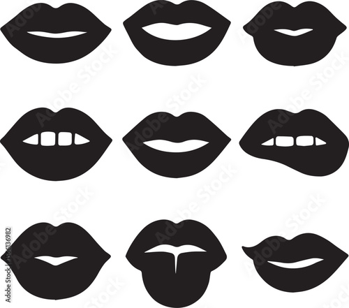 Black and White Lip Expressions Silhouette Vector Set on Transparent Background