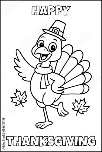 Cute thanksgiving turkey coloring page. black and white outline for kids, printable holiday activity