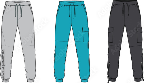 Set of jogger pants fashion flat sketch, technical drawing illustration, casual unisex streetwear design with drawstring and utility pockets flat vector illustration