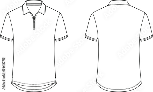 Men’s casual short sleeve polo shirt with zipper front collar technical flat sketch cad drawing vector template for fashion design mockup