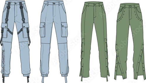 Technical fashion flat of utility cargo pants with straps, button detail, drawstring hem, women’s trousers, vector sketch for apparel design flat vector illustration