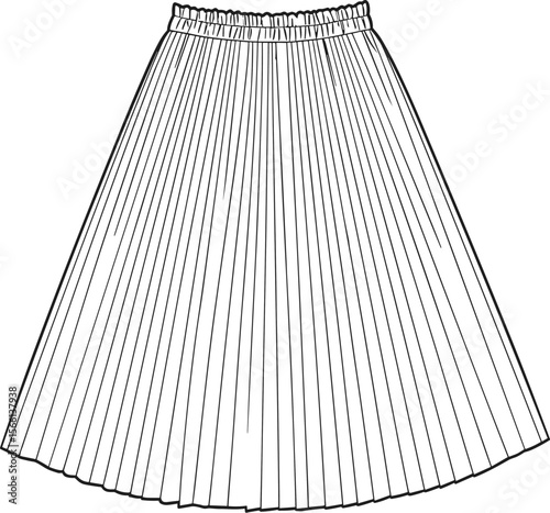 Classic high waisted pleated midi skirt technical flat cad drawing vector illustration for modern elegant fashion apparel design template with waistband detail