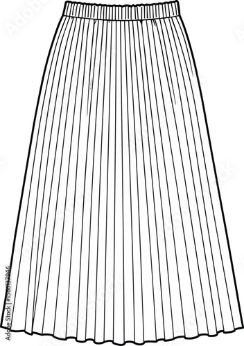 Classic long pleated midi skirt front technical flat cad drawing vector illustration showing waistband detail for stylish modern fashion apparel design template