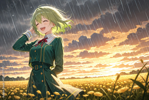 Anime Woman Laughing Joyfully in Rainstorm