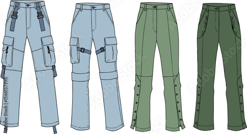  Technical fashion flat sketch of modern cargo pants with buckles, pocket details, button side seams, women trousers, vector illustration flat vector illustration