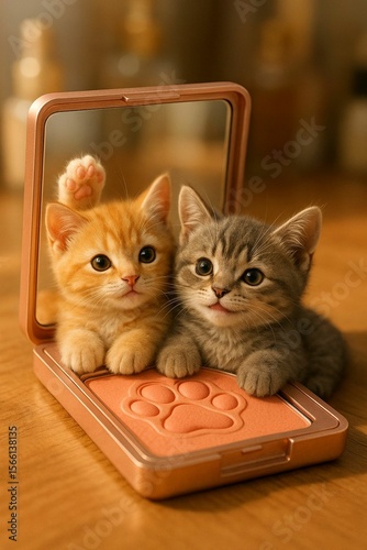 surreal photo of a pair of kittens lounging in an open makeup compact