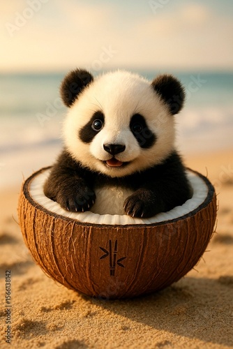 Surreal photo of a panda cub sitting in a cracked coconut half