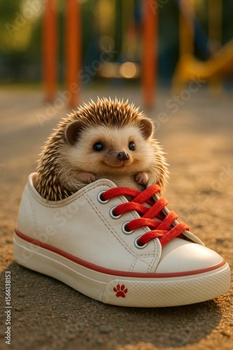 surreal photo of a hedgehog curled up inside a sneaker