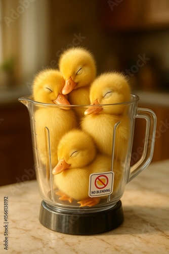 surreal photo of three ducklings sleeping inside a clear blender pitcher