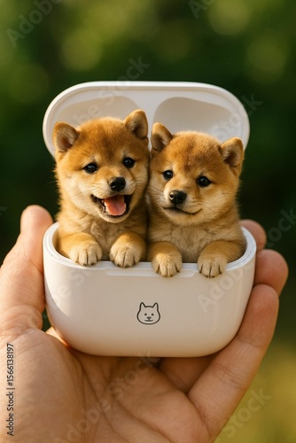 surreal photo of two Shiba Inu puppies sitting inside a white wireless earbud case