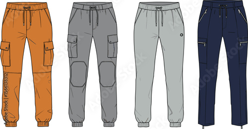 Technical fashion flat sketch of men cargo jogger pants with zipper pockets, drawstring waistband, urban streetwear, sporty trouser styles flat vector illustration