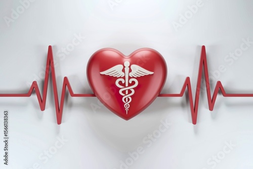 A 3D render of a medical-themed graphic design with a large red heart in the center.