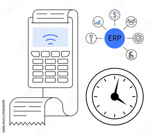 Payment terminal with a receipt, analog clock showing time, and ERP hub connecting icons thumbs up money, tools, people, and analytics. Ideal for finance, workflow, retail time tracking analytics