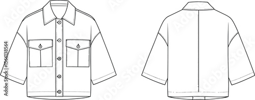 Short sleeve boxy button up shirt front and back technical flat cad drawing vector illustration for trendy fashion apparel design mockup template