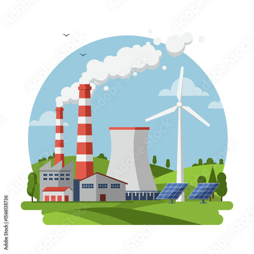 Clean vs Dirty Energy Power Plant Wind Turbine  Solar Illustration