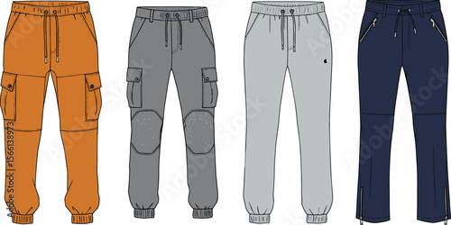 Technical flat sketch of men cargo jogger pants with drawstring waist, zipper pockets, functional design, sporty urban streetwear apparel flat vector illustration